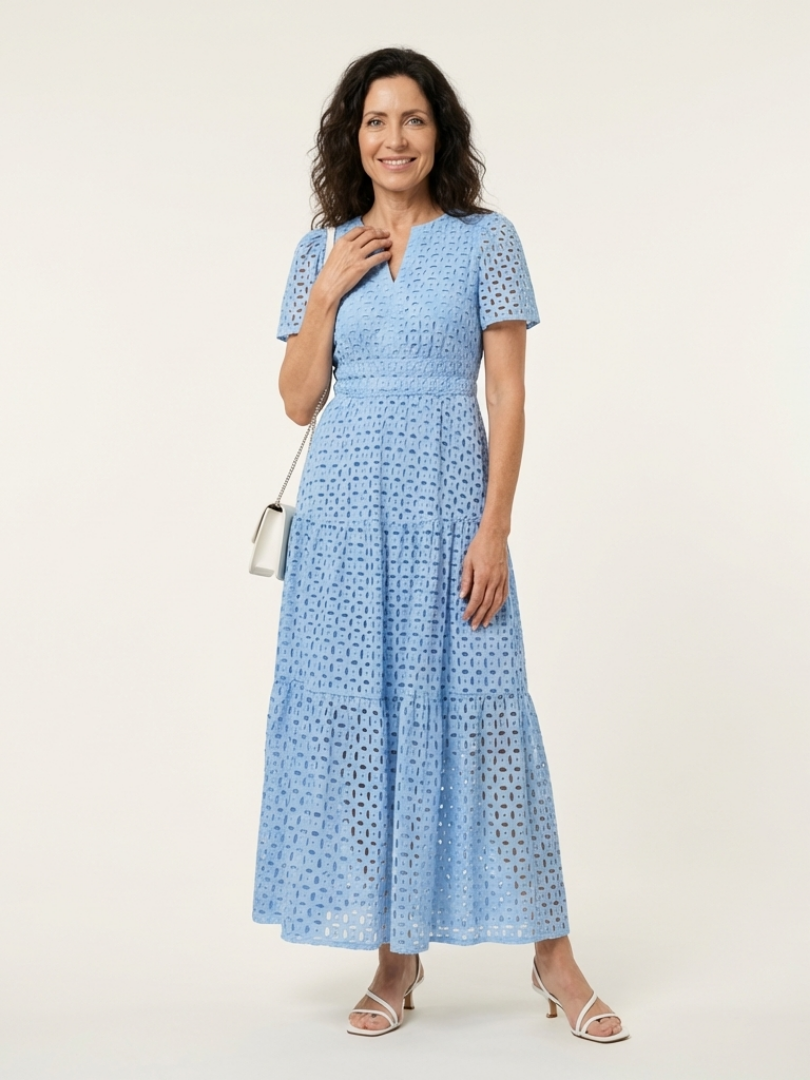 Sky Blue Notch Neck Eyelet Lace Flutter Sleeve Tiered A-Line Maxi Dress