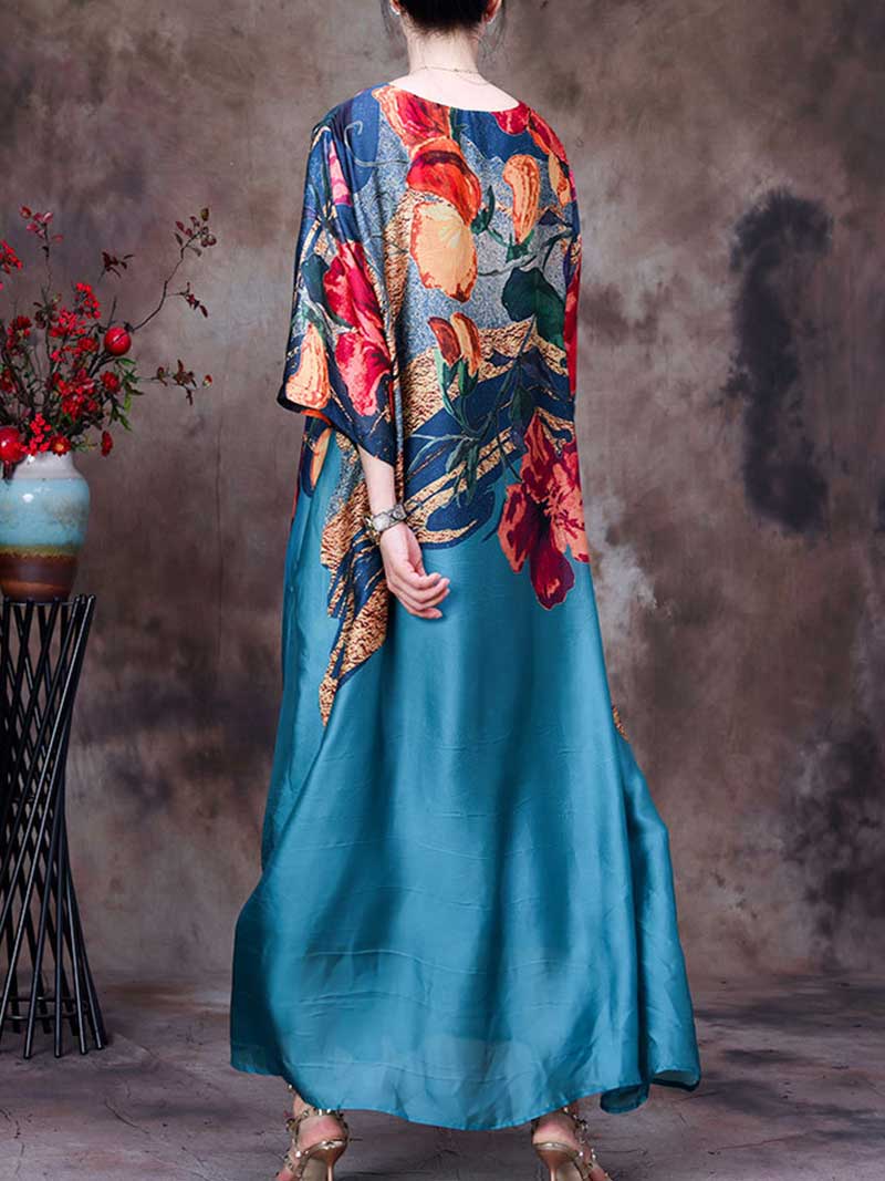Round Neck Batwing Sleeve Floral Colorblock Loose Maxi Dress 4