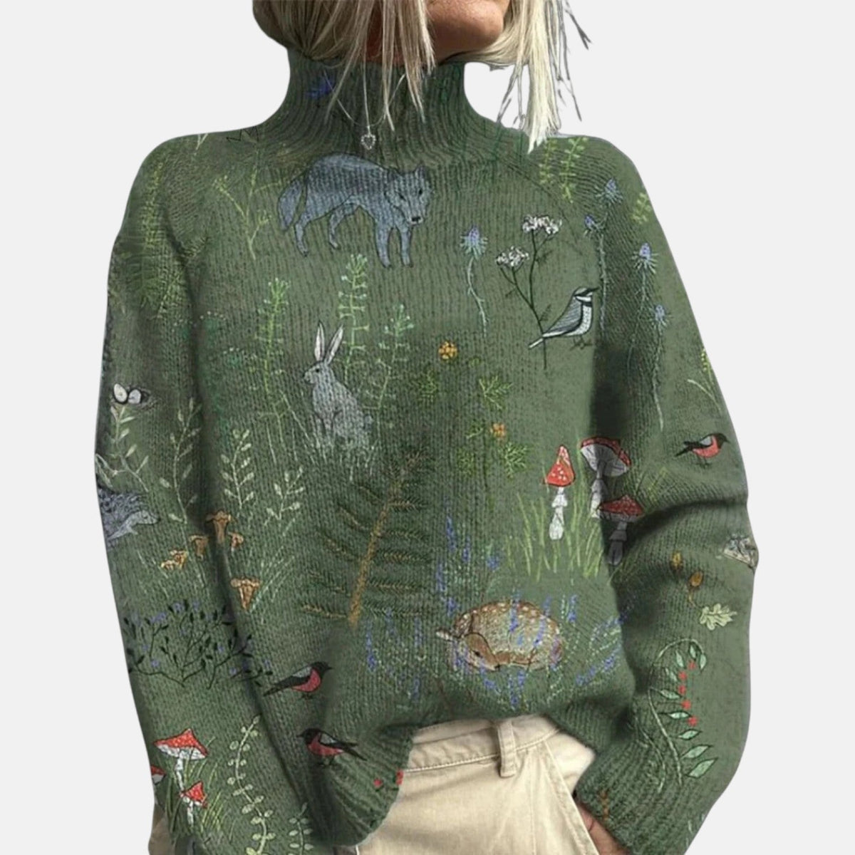 Turtleneck Woodland Animal Print Long Sleeve Knit Sweater