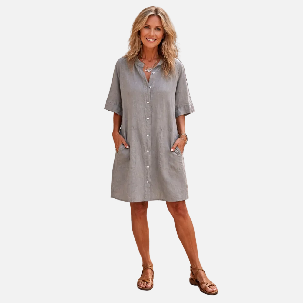 Button Front Linen Short Sleeve Pocket Shirt Dress