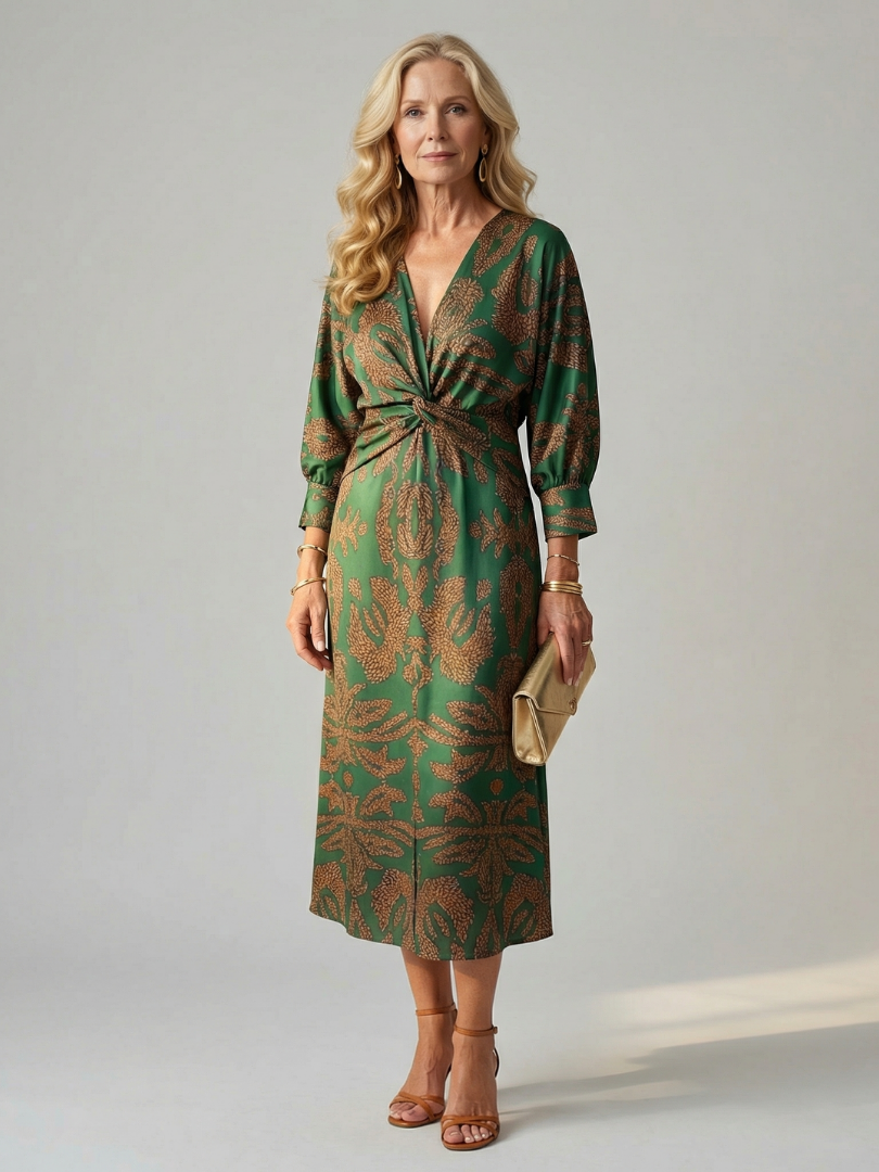 V-Neck Twist Front Long Sleeve Abstract Print Sheath Midi Dress