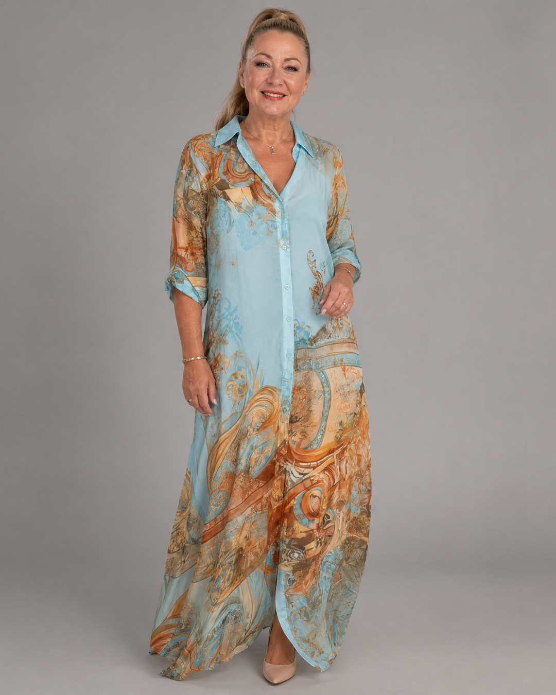 Multicolor Collared Button Front Baroque Print Roll-Tab Sleeve Shirt Maxi Dress