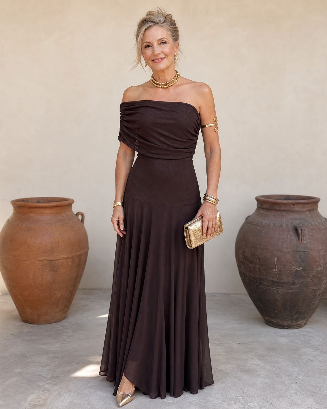 Off-Shoulder Draped Ruched Bodice Flowing Chiffon Maxi Gown
