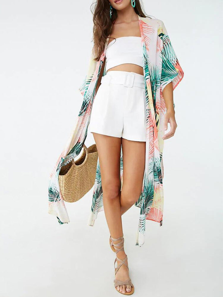 Beige Tie Waist Palm Leaf Print Long Kimono Robe 3