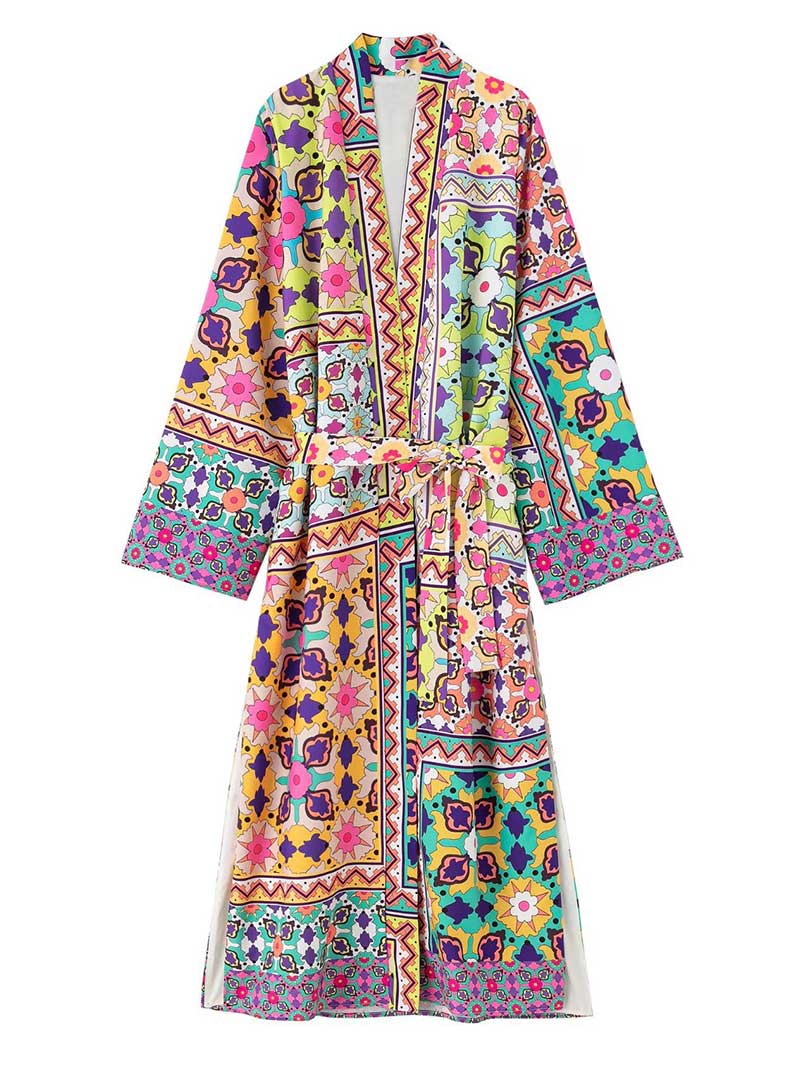 Multicolor Mixed Print Tie Waist Long Sleeve Longline Kimono Robe