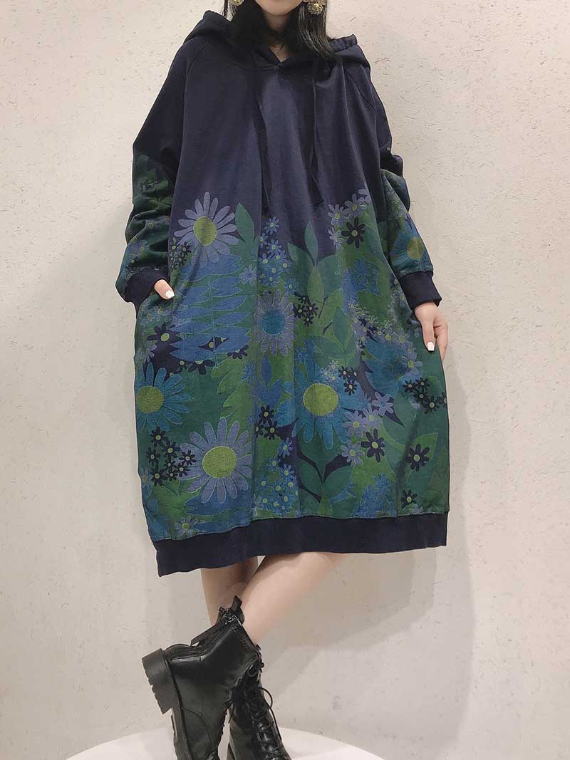 Hooded Floral Print Long Sleeve Oversized Sweatshirt Midi Dress 2