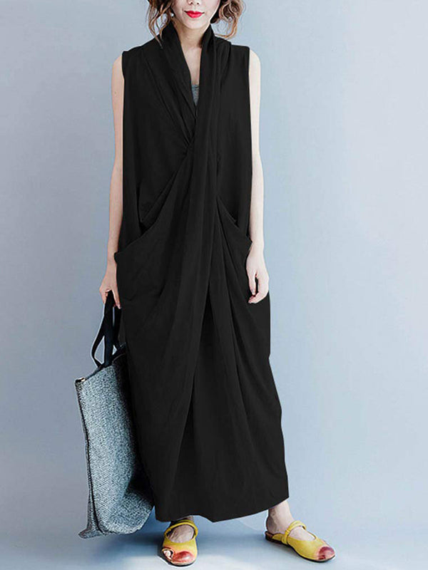 V-Neck Sleeveless Twist Front Draped Loose Cocoon Maxi Dress