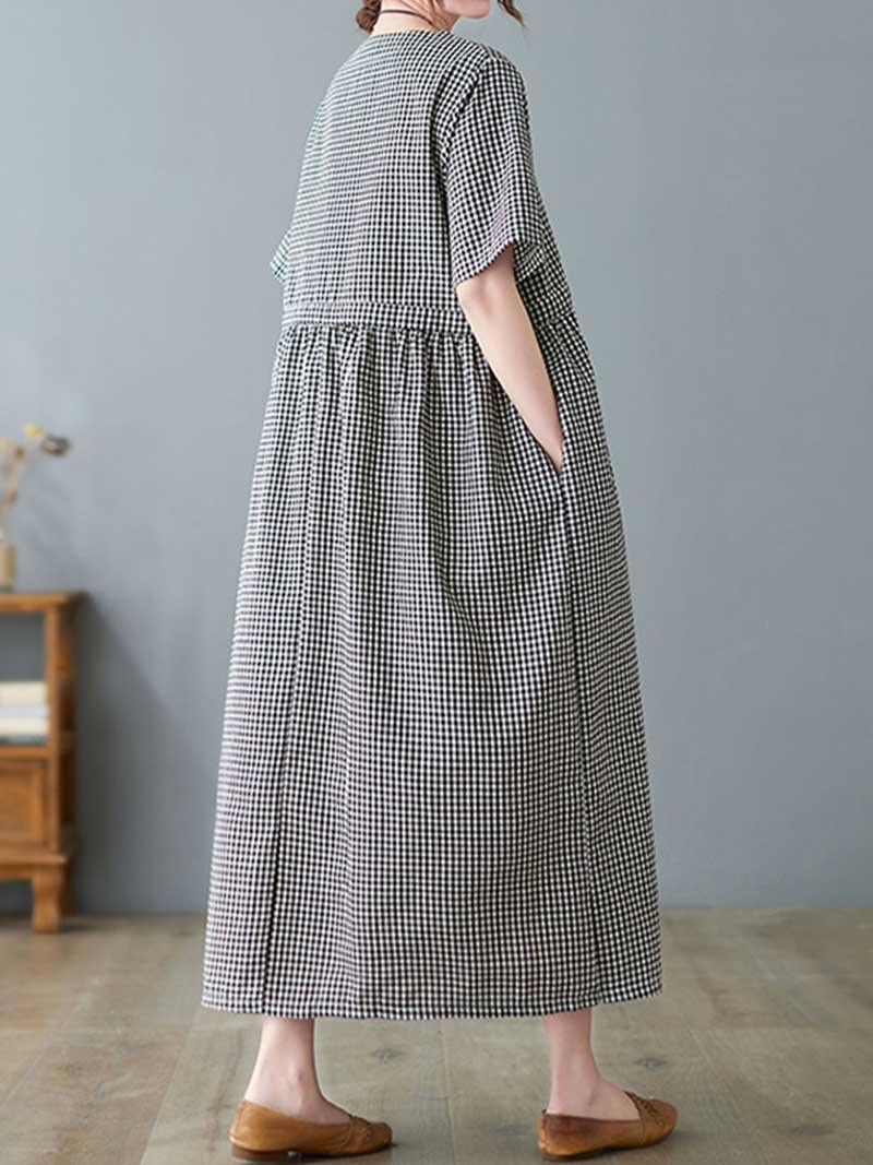 Black V-Neck Short Sleeve Gingham Check Drawstring Waist Smock Midi Dress