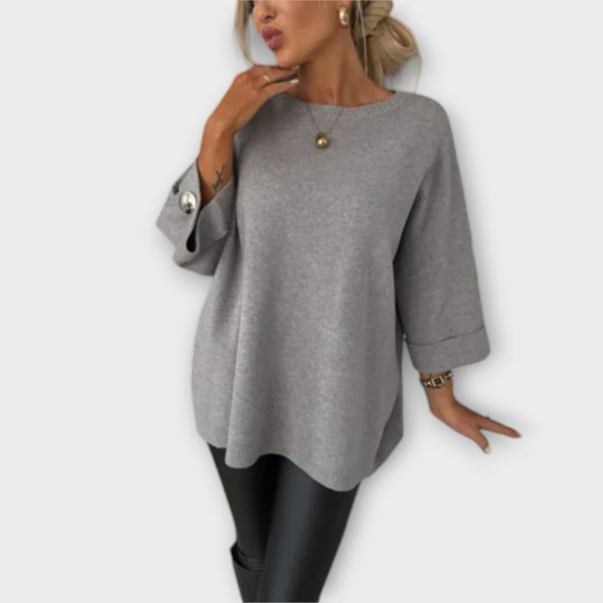 Round Neck Long Sleeve Button Cuff Oversized Knit Sweater