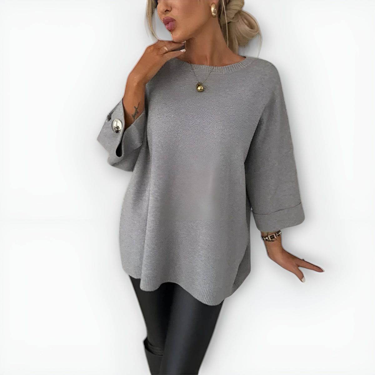 Round Neck Long Sleeve Side Button Oversized Knit Sweater