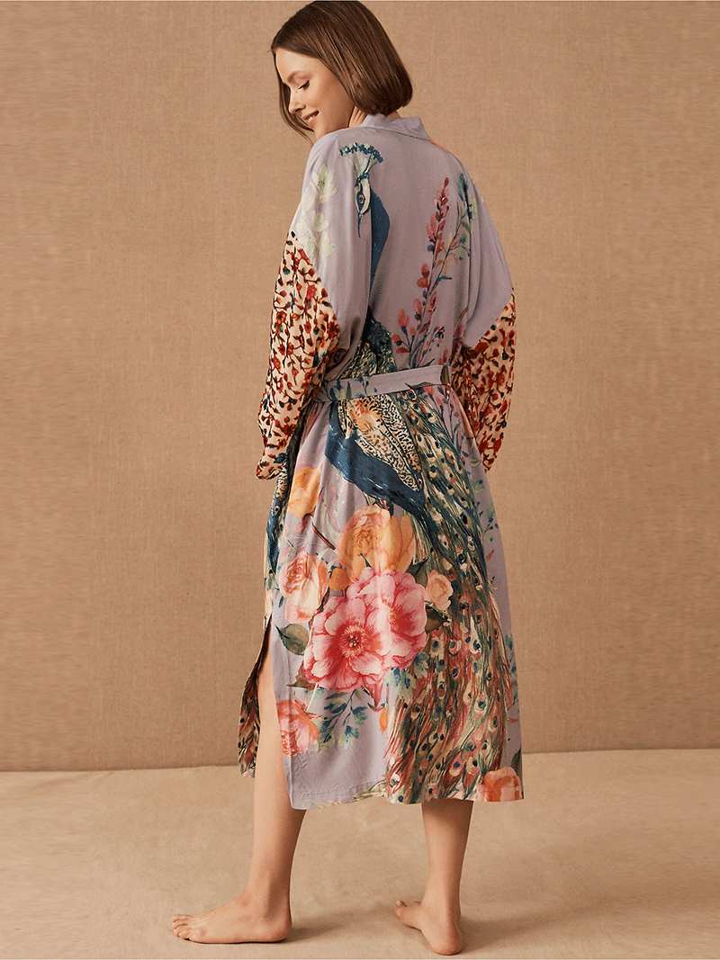 Multicolor Peacock Floral Print Wide Sleeve Open Front Long Kimono 2