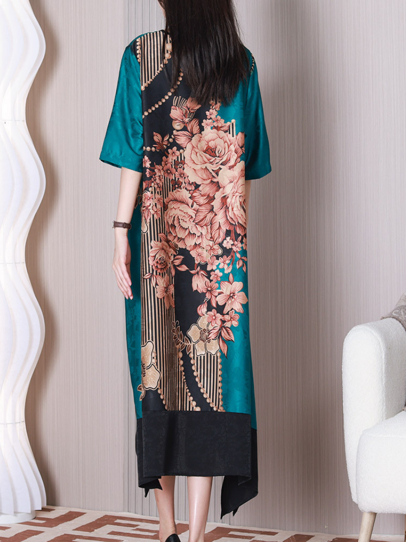 Round Neck Half Sleeve Floral Print Contrast Hem Midi Dress