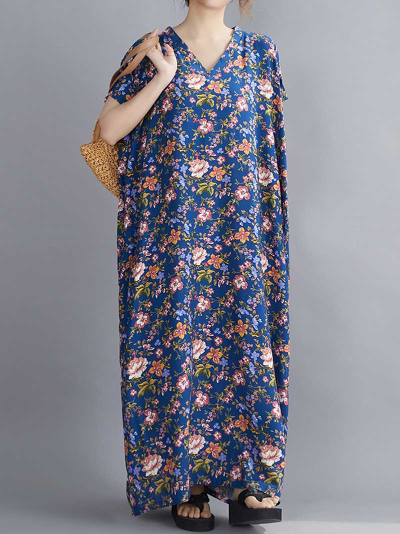 Multicolor V-Neck Short Sleeve Floral Print Cocoon Kaftan Maxi Dress