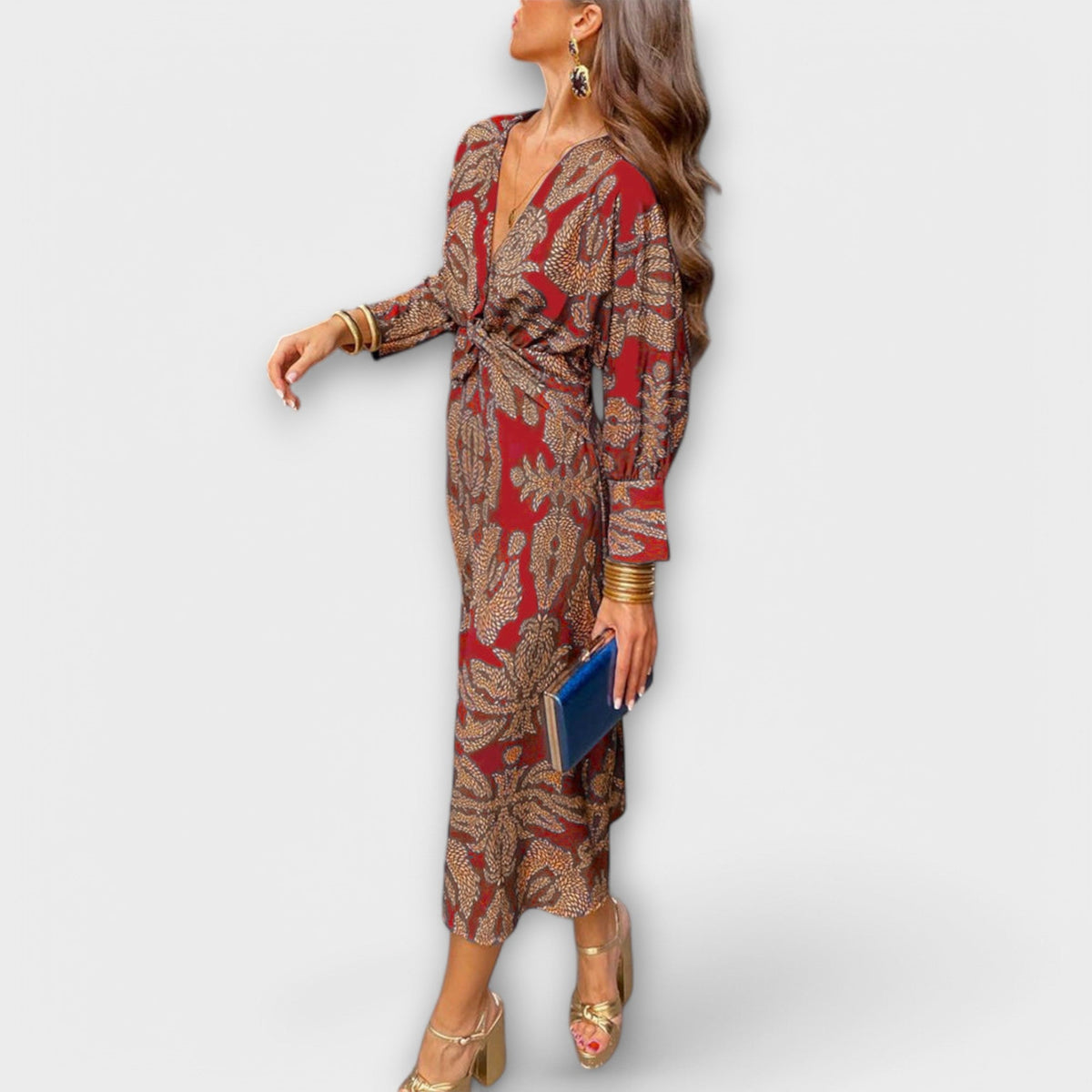 Deep V-Neck Floral Print Long Sleeve Twist Front Bodycon Midi Dress