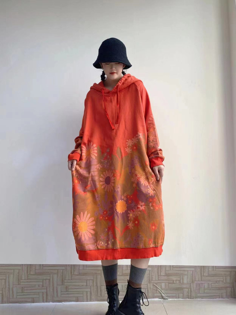 Hooded Floral Print Long Sleeve Oversized Sweatshirt Midi Dress 7