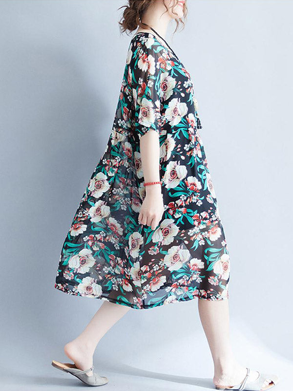 Multi Color Round Neck Short Sleeve Floral Print Loose Smock Midi Dress 2