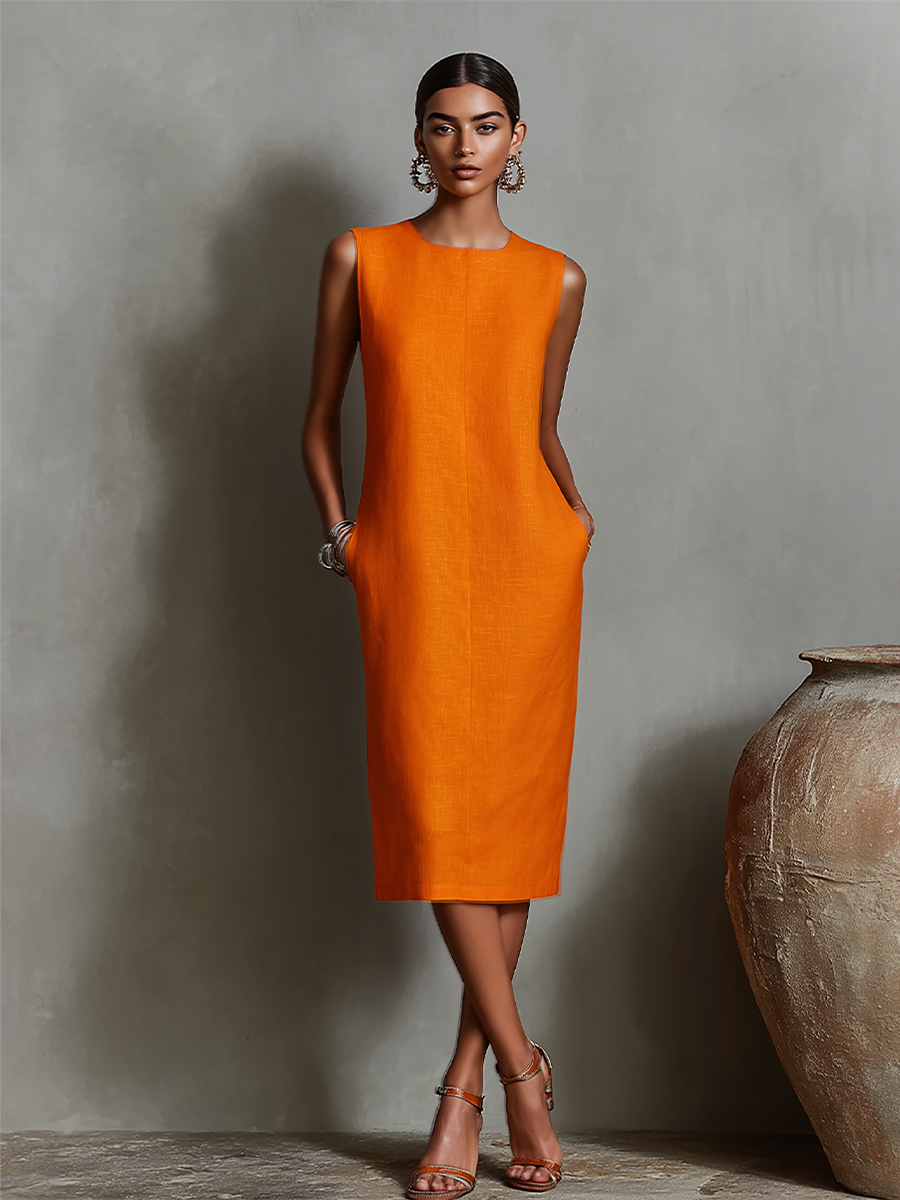 Round Neck Sleeveless Linen Pocket Straight Sheath Midi Dress