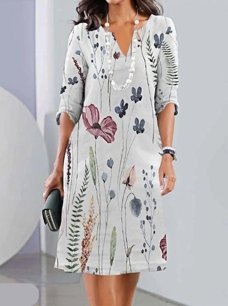 V-Neck Floral Print Roll-Tab Sleeve Shift Midi Dress