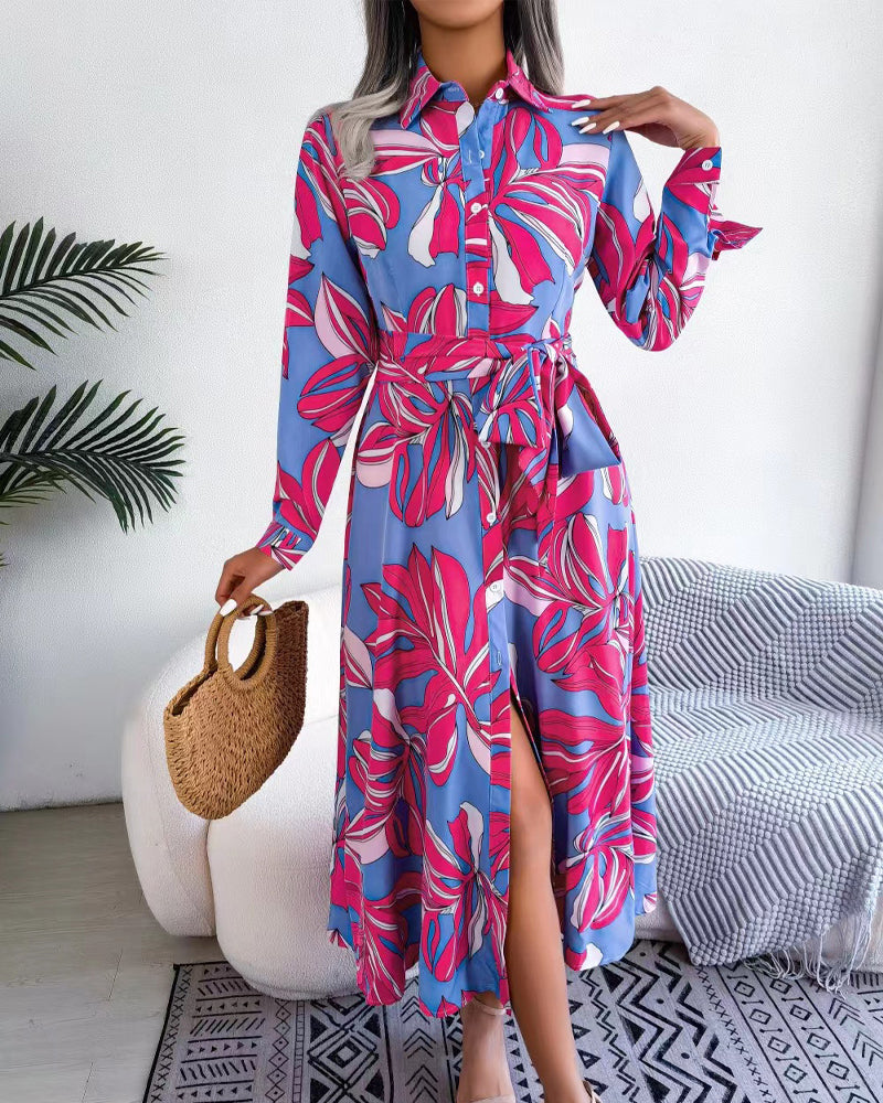 Floral Print Lapel Shirt Dress with Contrast