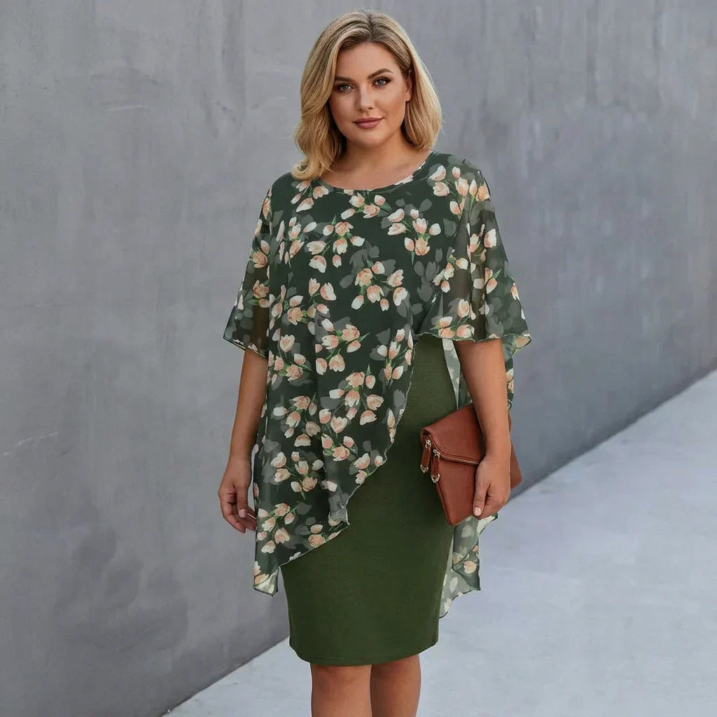Round Neck Floral Chiffon Cape Overlay Sheath Midi Dress 3