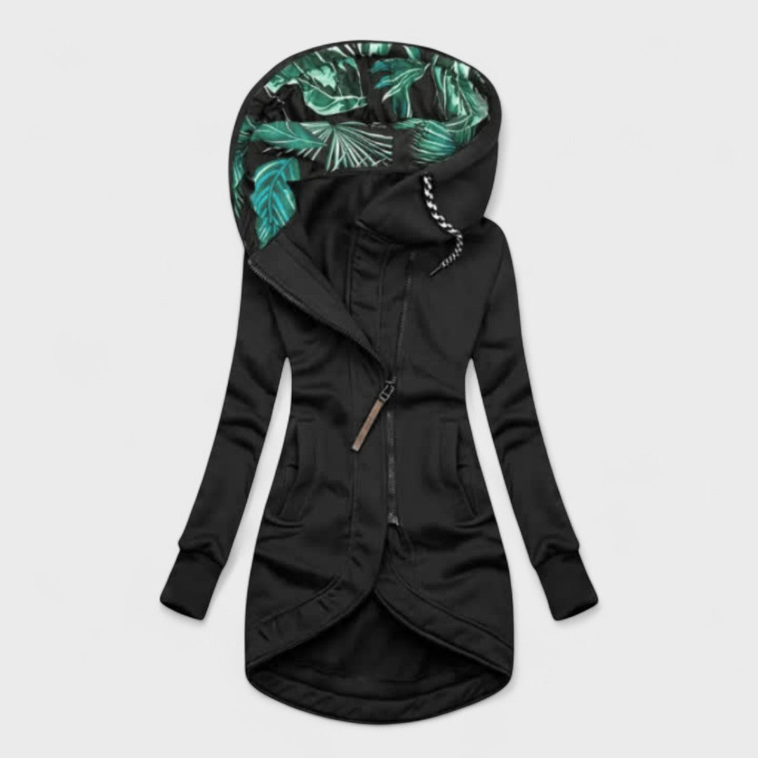 Hooded Asymmetric Zip Leaf-Lined Curved Hem Fleece Jacket 6