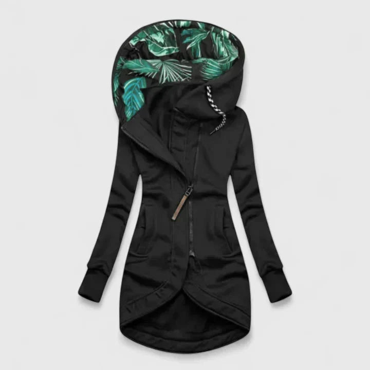 Zip Front Tropical Leaf Lined Hood Asymmetric Hem Hoodie