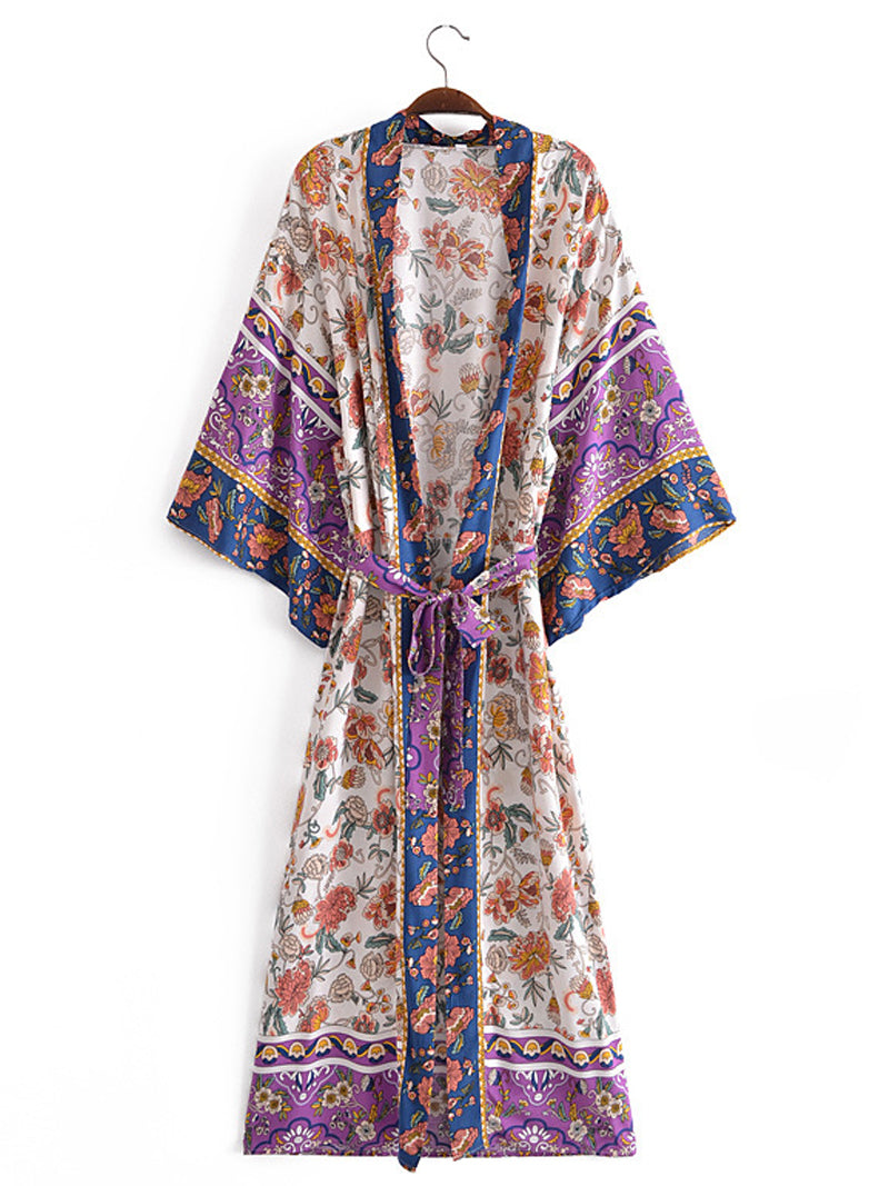 Purple Bohemian Floral Paisley Border Belted Flared Sleeve Long Kimono Robe