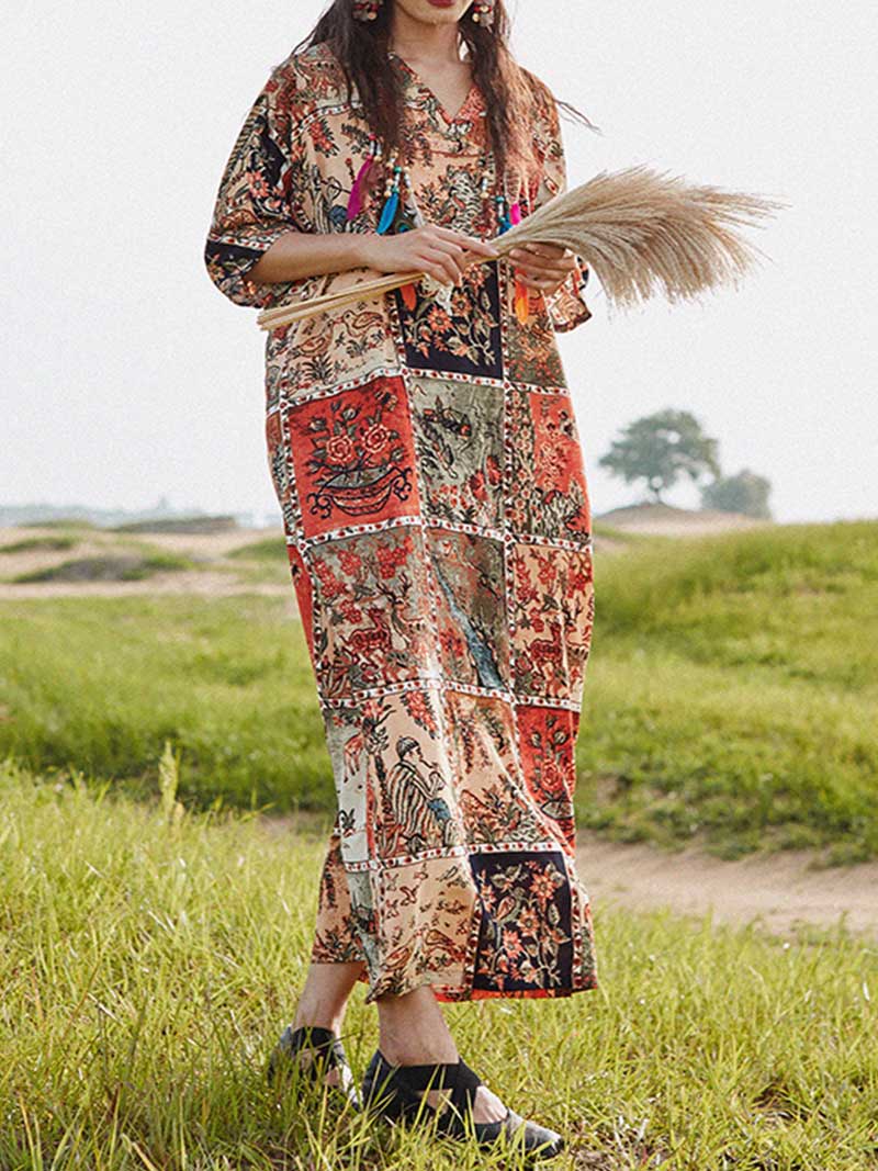 Multicolor V-Neck Patchwork Floral Print Tassel Cotton Kaftan Maxi Dress