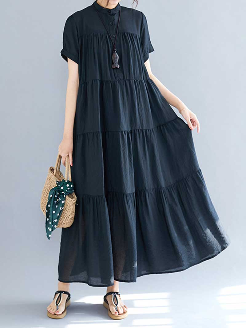 Black Band Collar Short Sleeve Tiered Smock A-Line Maxi Dress