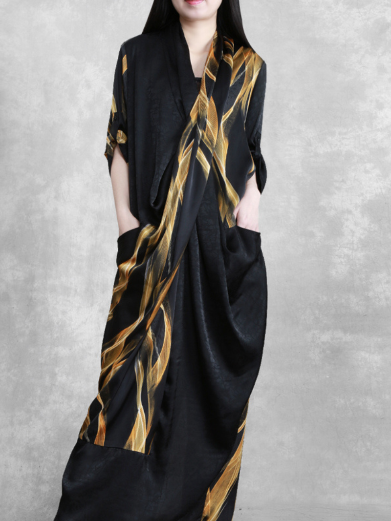 Yellow V-Neck Abstract Print Draped Pocket Loose Maxi Dress 2