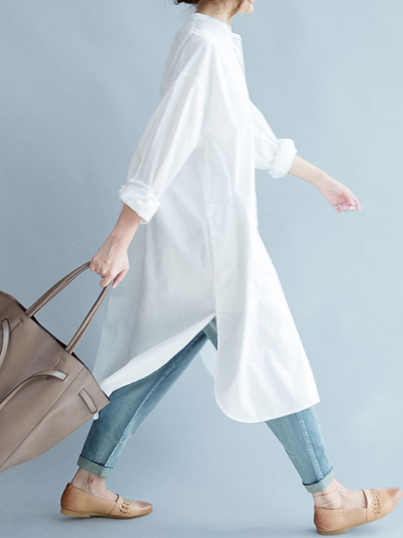 White Band Collar Button Front Long Sleeve Loose High-Low Shirt Dress 3