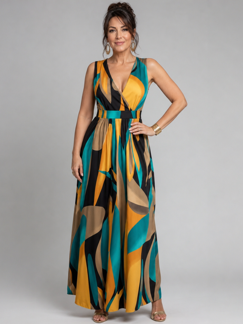 Multicolor V-Neck Abstract Print Sleeveless Belted A-Line Maxi Dress