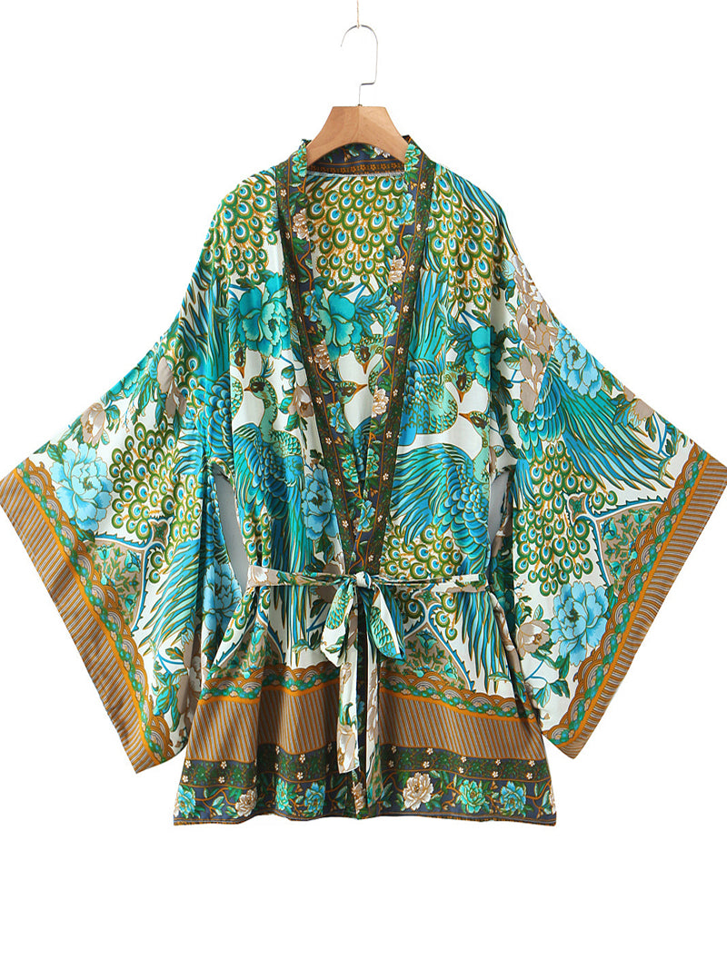 Green Peacock Floral Print Belted Wide Sleeve Short Kimono Robe