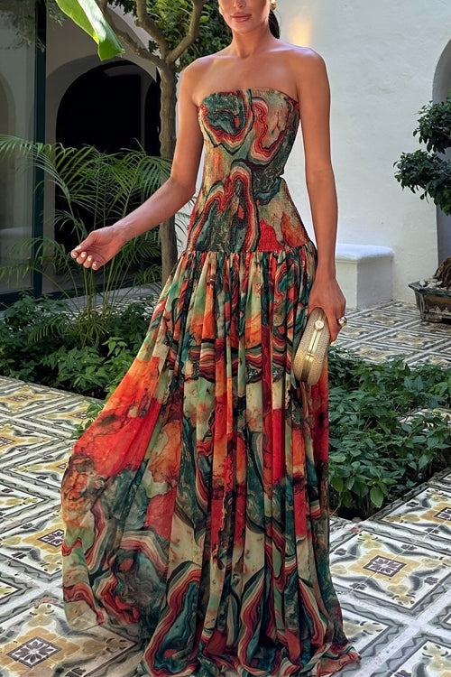Print Strapless Abstract Marble Print Dropped Waist Flowy A-Line Maxi Dress