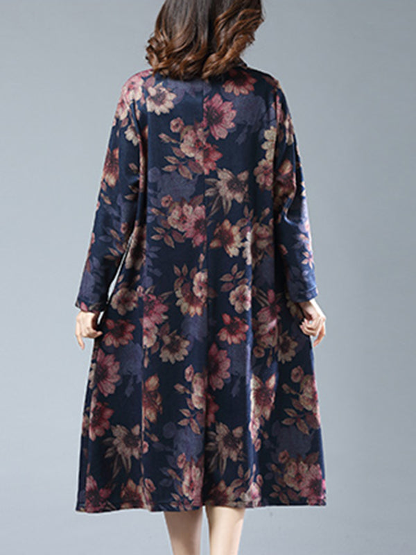 Navy Blue Turtleneck Floral Print Long Sleeve Loose Midi Dress 2