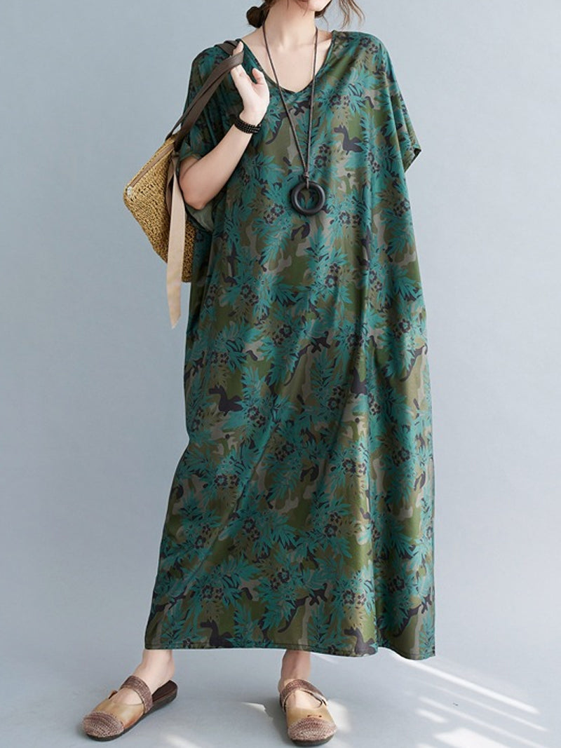 Green V-Neck Batwing Sleeve Floral Print Loose Kaftan Maxi Dress