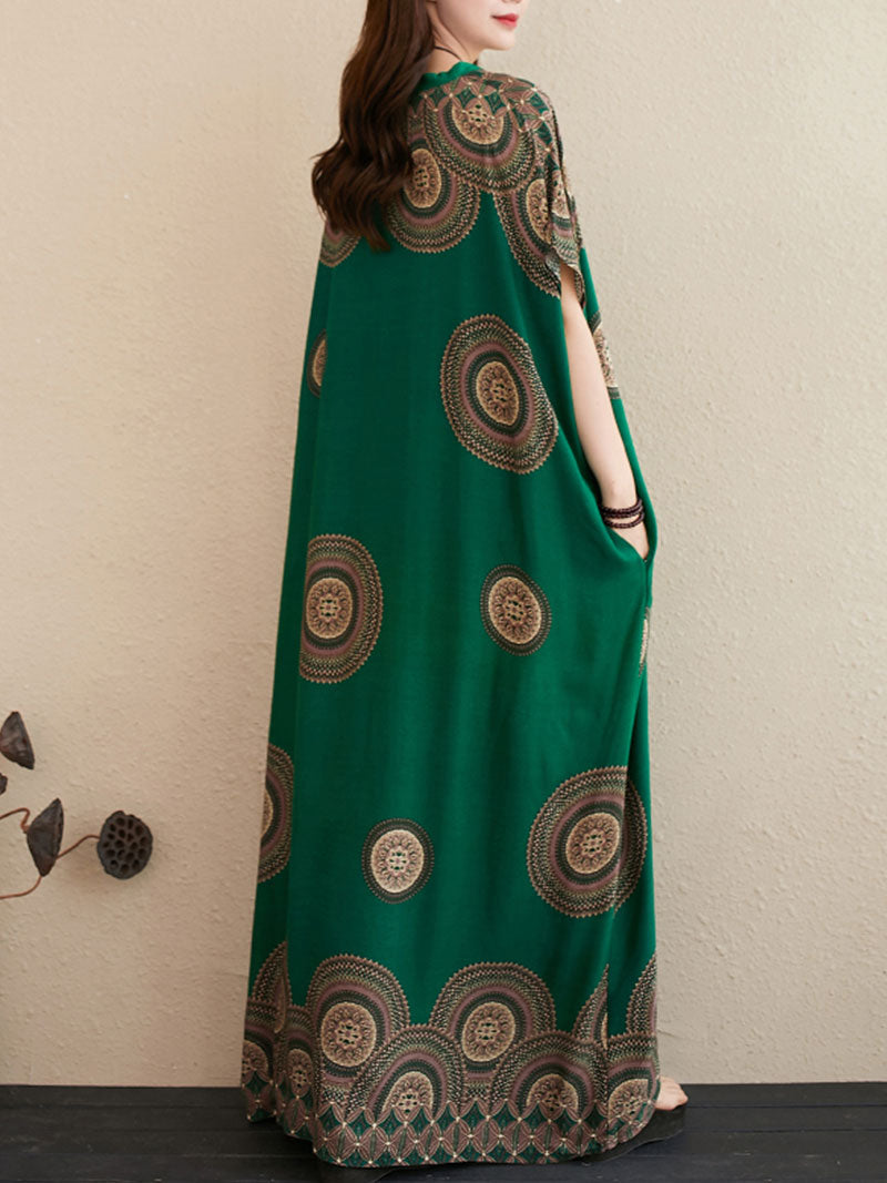 Green V-Neck Medallion Print Batwing Sleeve Loose Kaftan Maxi Dress 2