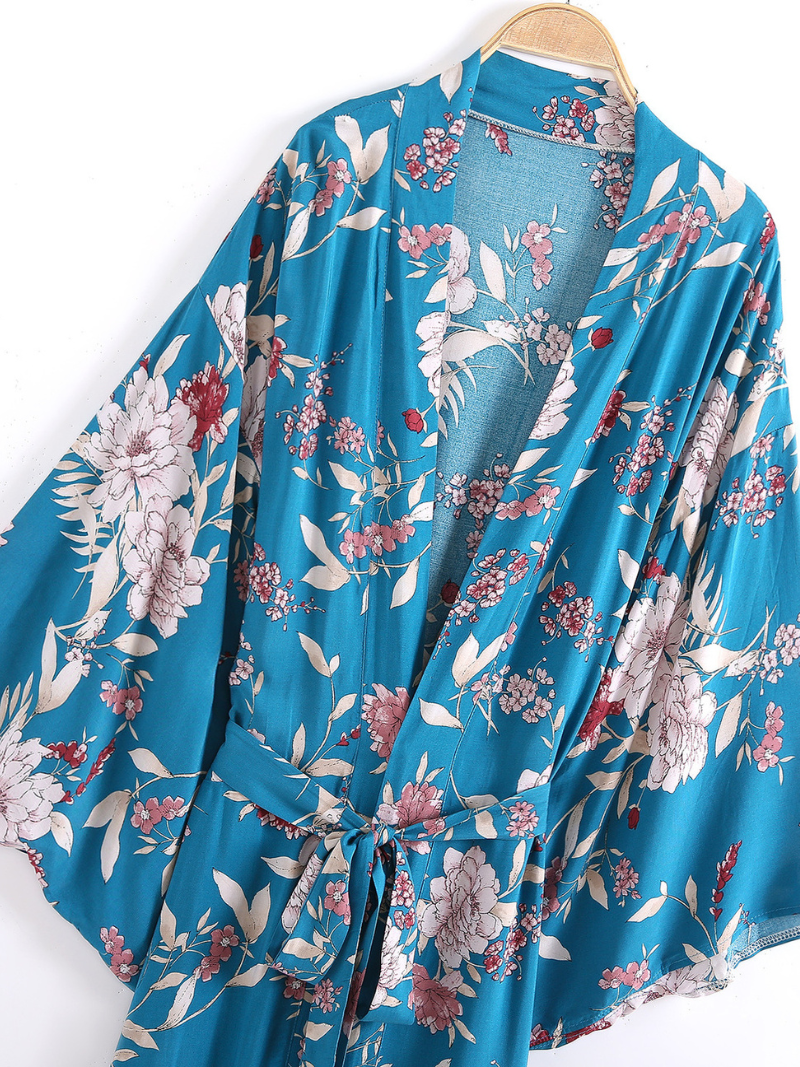 Blue Floral Print Belted Wide Sleeve Long Kimono Robe 2