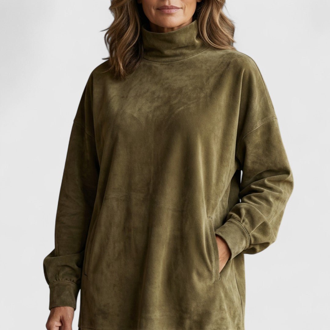 High Neck Suede Fringe Hem Long Sleeve Shift Mini Dress 4