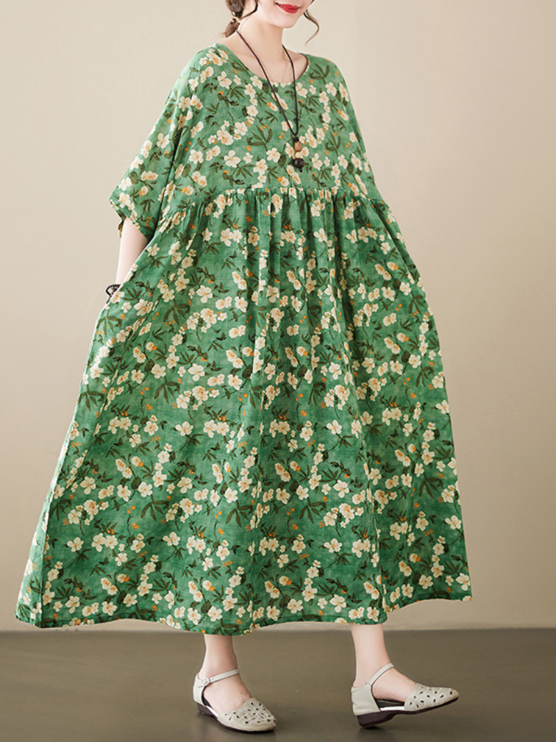 Green Round Neck Floral Short Sleeve Pleated Loose Smock Maxi Dress