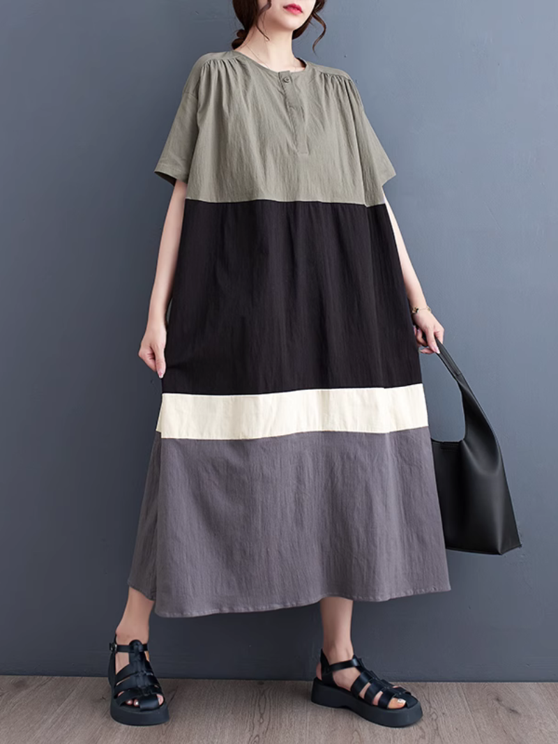 Round Neck Short Sleeve Contrast Panel Tiered Midi Dress 2