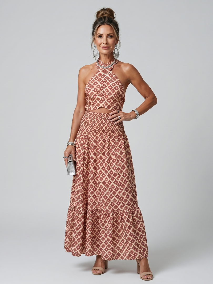Geometric Halter Neck Geometric Print Waist Cutout Tiered Maxi Dress