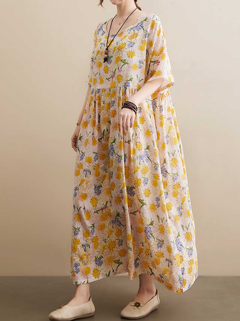 Yellow Round Neck Daisy Floral Short Sleeve Pleated Loose Maxi Dress 3