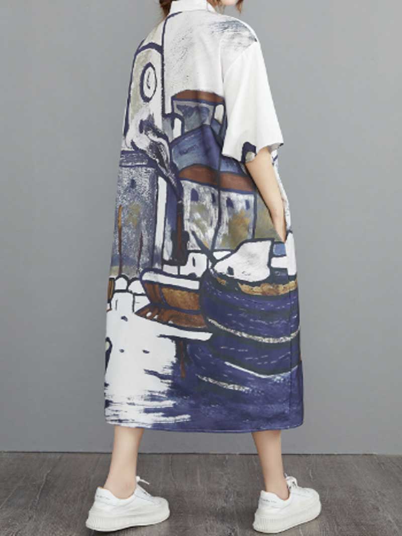 Collared Short Sleeve Abstract Art Print Midi Shirt Dress