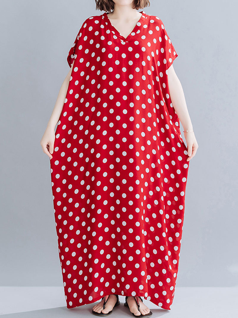 Red V-Neck Short Sleeve Polka Dot Loose Kaftan Maxi Dress