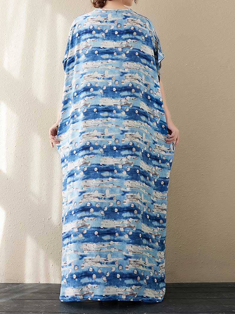 V-Neck Batwing Sleeve Abstract Print Loose Kaftan Maxi Dress