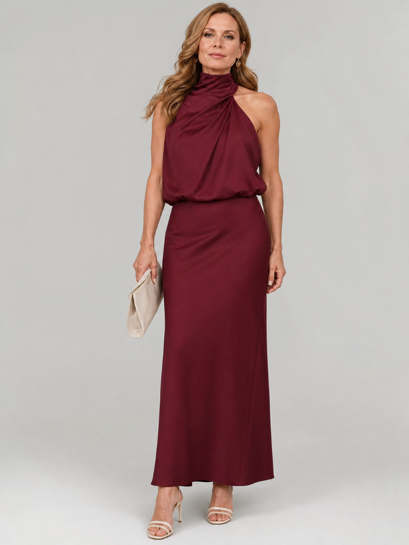 Halter Neck Twist Front Blouson Satin Column Maxi Dress