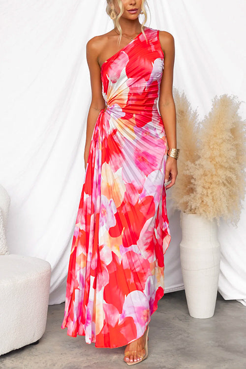 One-Shoulder Floral Print Pleated Ruched Waist Maxi Dress