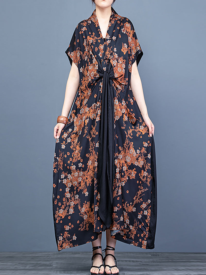 V-Neck Short Sleeve Floral Print Tie Front Loose Maxi Dress