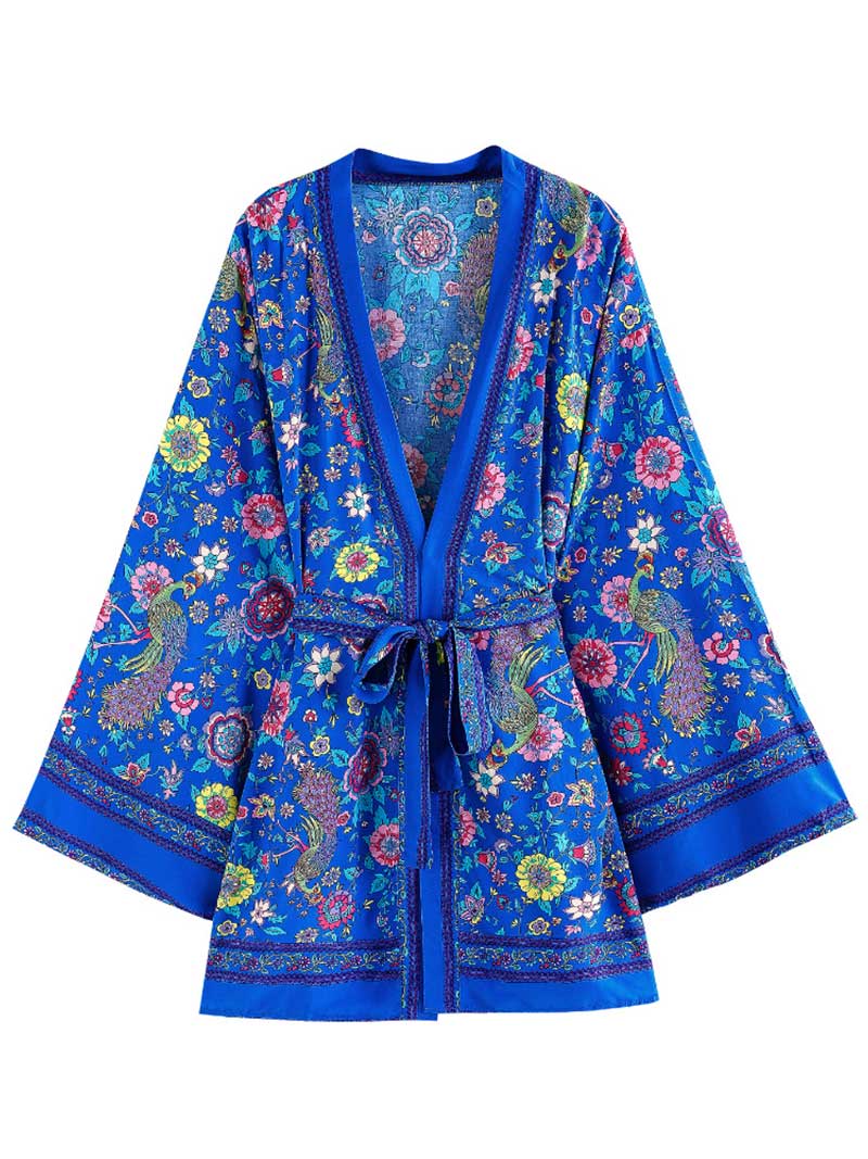 Blue Floral Peacock Print Tie Waist Short Kimono Robe